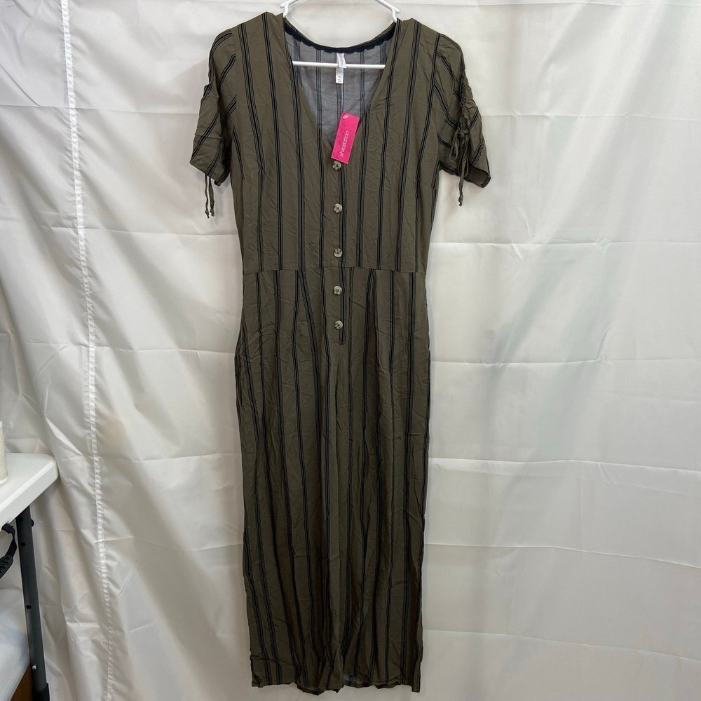 NEW Xhilaration women's green striped button v-neck lightweight jumpsuit casual‎